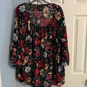 Grace Floral-Print Black Top with Red & Green Accents